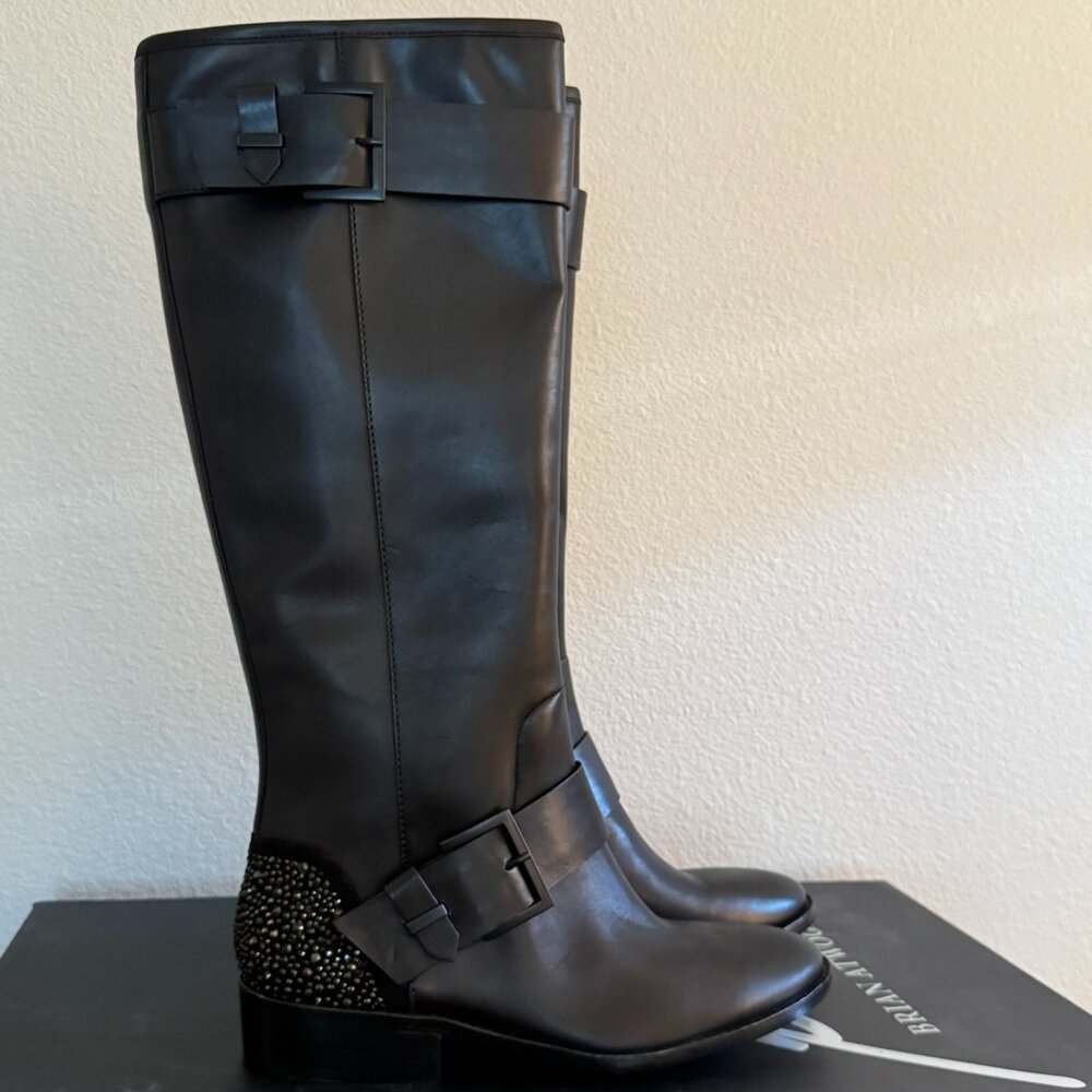 New in Box Brian Atwood Buckle Boots with Rhinestones